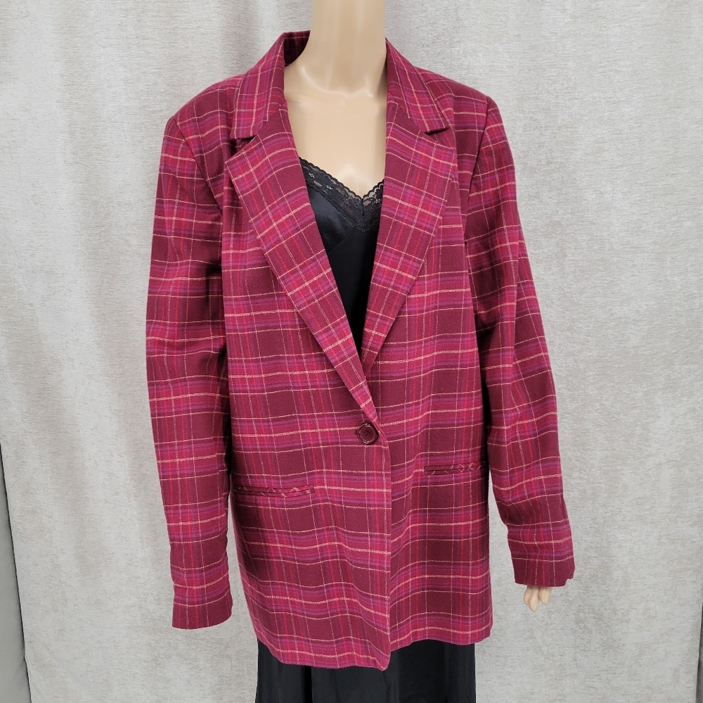 Women's Raspberry Plaid Single-Button Blazer Jacket - Picture 6 of 15